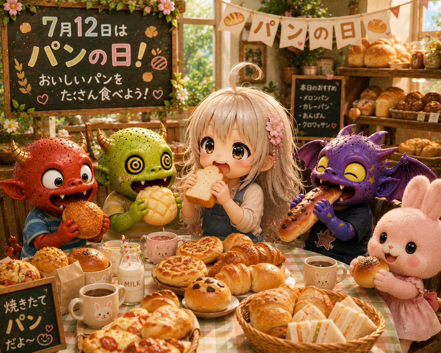 パンに囲まれた店内で食卓を囲む仲間たち