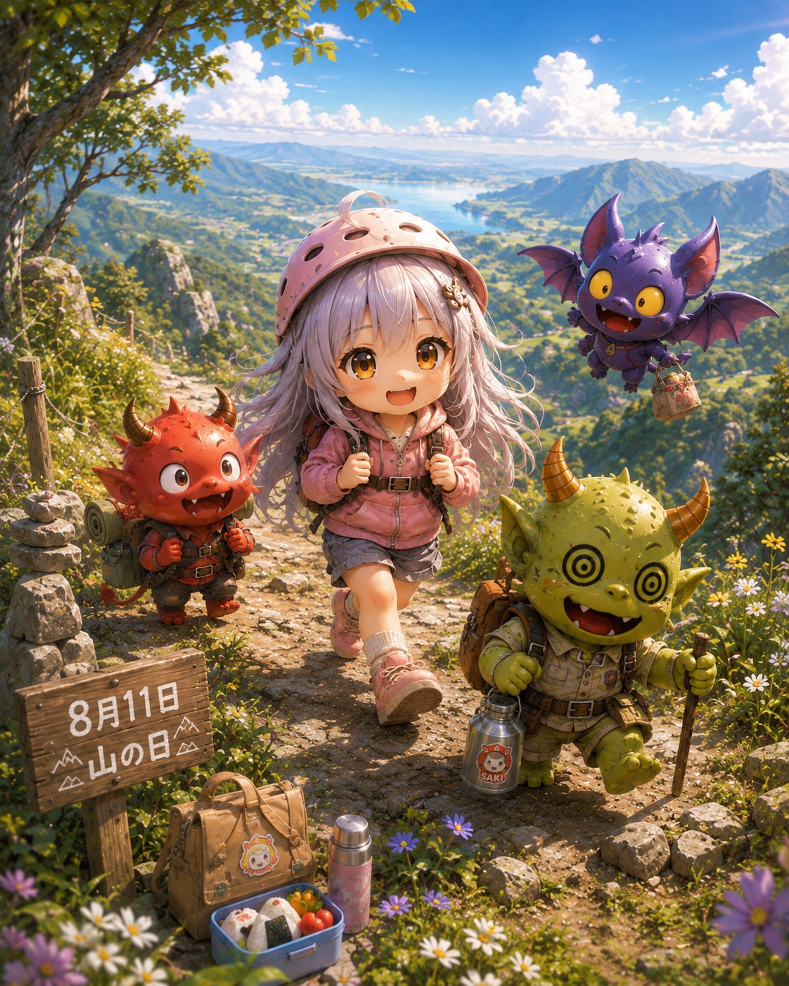 青空の山道を登るちびサキと三匹の魔物